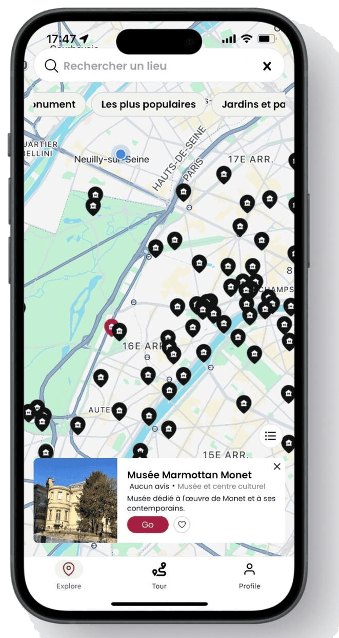 CitySpot map screen showing points of interest across Paris