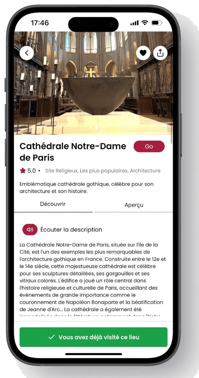 CitySpot detail screen for Cathédrale Notre-Dame de Paris with audio description