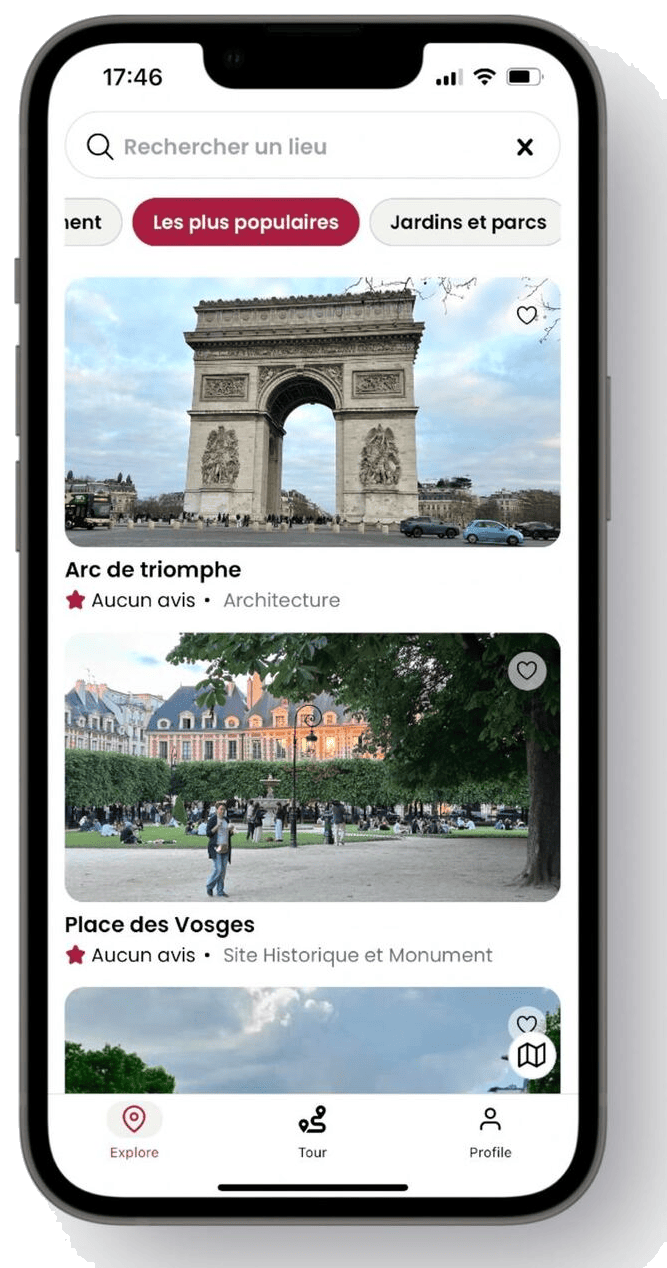 CitySpot explore screen showing the Arc de Triomphe and Place des Vosges