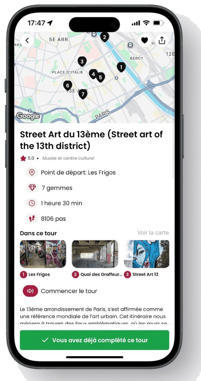 CitySpot tour detail screen for the Street Art of the 13th arrondissement